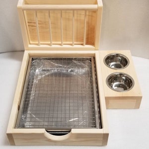 Stainless Steel Scatterless Litter Box with Wood Hay Feeder Food Stand 3 in 1 Rabbit Chinchilla Guinea Pig