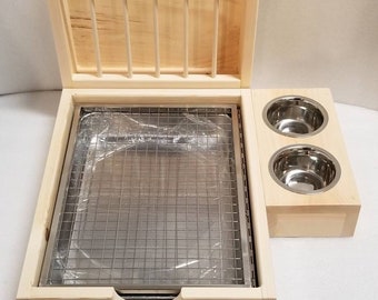 Stainless Steel Scatterless Litter Box with Wood Hay Feeder Food Stand 3 in 1 Rabbit Chinchilla Guinea Pig