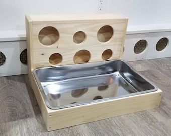 XXXlarge Stainless Steel Litter Box with Wood Hay Feeder and Food Stand