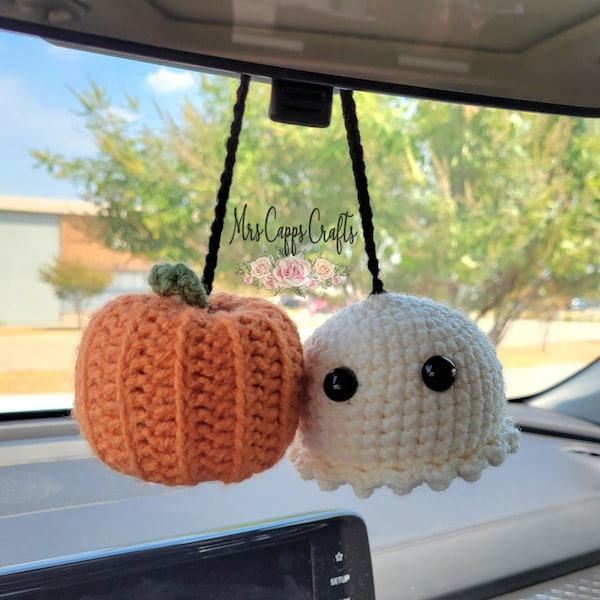 Crochet Pumpkin and Ghost Car Hanging Halloween Fall