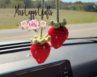 Crochet Strawberry Car Charm - Car Hanging - Rearview Mirror Hanging - Crochet - Strawberry - Crochet Rearview Mirror Decor