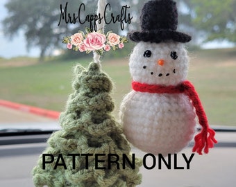 Crochet Pattern Christmas Tree and Snowman Car Charm - Pattern Only - Crochet Pattern