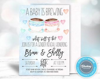 May include: A baby shower invitation with a blue and pink watercolor design of two coffee mugs. The text reads "A Baby is Brewing, what will it be?" and includes the names "Brian & Shelly", the date "Oct 20th", and the time "1:00 PM".