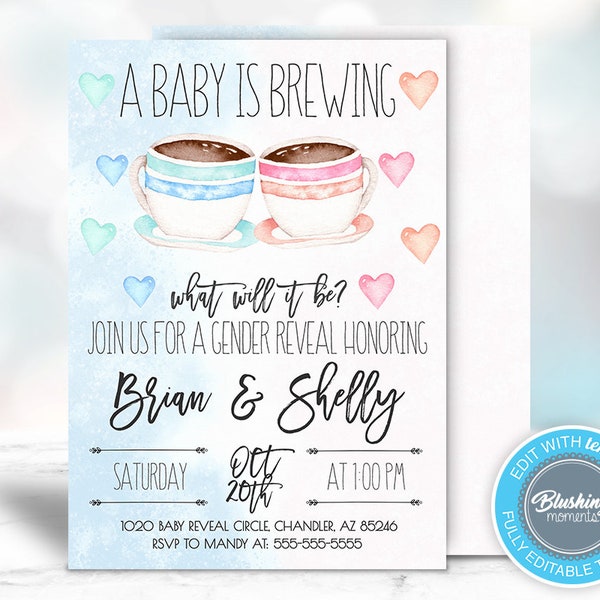 EDITABLE Gender Reveal Invitation, A Baby is Brewing, Coffee, Blue or Pink Gender Reveal, He or She Invite, Boy or Girl Invitation,Printable