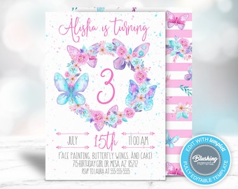 EDITABLE Butterfly Birthday Invitation,Butterfly Party,Spring Birthday Party,Garden Invite,Birthday Invitations for Girls,Printable,Editable