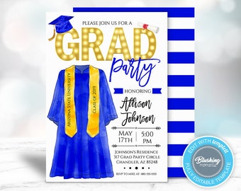 May include: A blue and gold graduation party invitation with a watercolor illustration of a graduation gown and cap. The text reads "Please join us for a Grad Party Honoring Allison Johnson May 17th 5:00 PM Johnson's Residence 317 Grad Party Circle Chandler, AZ 85248 RSVP to Mike at: 480-555-5555".