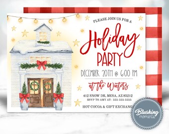 May include: A white house with a red bow and a wreath on the door, surrounded by snow and twinkling lights. The text reads "Please join us for a Holiday Party, December 20th at 6:00 PM at the Winters, 412 Snow Dr, Mesa, AZ 85212, RSVP to Amy at: 555-555-5555, Hot Cocoa & Gift Exchange".