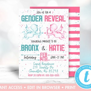 Valentine&#39;s Day Gender Reveal Invitation, Cupid Gender Reveal Party,Valentine Gender Reveal Invite, Instant Download, Editable, Printable