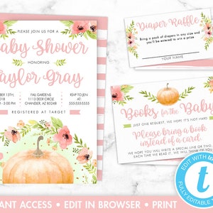 Pumpkin Baby Shower Invitation Printable, Fall Baby Shower Invitation, Baby Shower Invitation for Girl, Templett, Editable, Instant Download