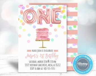 First Birthday Invitation for Girls, Pink and Rose Gold 1st Birthday Invitations, Editable, Printable, Instant Download, Templett