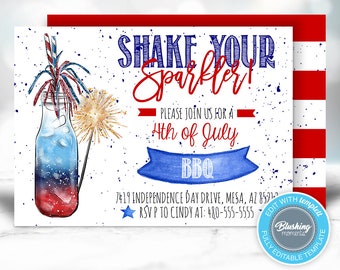 May include: A 4th of July party invitation featuring a red, white and blue sparkler in a glass bottle. The invitation reads "Shake Your Sparkler!" and includes the text "Please join us for a 4th of July BBQ" and the address "7419 Independence Day Drive, Mesa, AZ 85212".
