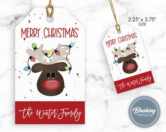 Puede incluir: Una etiqueta de regalo de Navidad imprimible con un reno de dibujos animados con luces de Navidad rojas y blancas enredadas en sus cuernos. La etiqueta tiene un fondo rojo con el texto "The Winter Family" en escritura cursiva blanca. La etiqueta mide 5,7 cm por 9,5 cm.