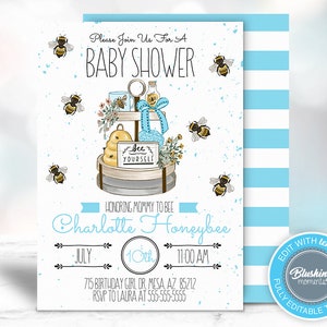 Invitación EDITABLE de baby shower de abeja, es un niño, invitación de abejorro azul, invitación de abeja de miel, mamá a abeja, imprimible, descarga instantánea