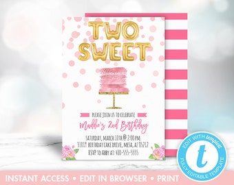Second Birthday Invitation, Two Sweet Birthday Invitations, Birthday Cake Invitation, 2nd Birthday , Pink and Gold, Printable, Editable