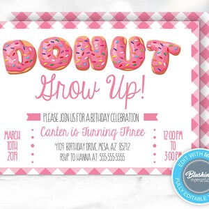 Donut Birthday Invitation, Donut Grow Up Invitations, Pink Donut, Sweet Celebration Invite, Editable Template, Printable, Instant Download