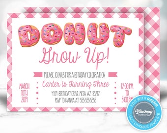 Donut Birthday Invitation, Donut Grow Up Invitations, Pink Donut, Sweet Celebration Invite, Editable Template, Printable, Instant Download