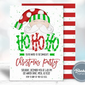 May include: A Christmas party invitation featuring a cartoon Santa Claus wearing a red and green hat with white polka dots. The text reads "Ho Ho Ho" and "You're invited to the Camacho's Christmas Party".