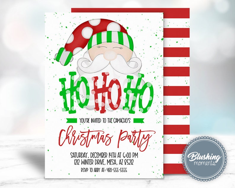 May include: A Christmas party invitation featuring a cartoon Santa Claus wearing a red and green hat with white polka dots. The text reads "Ho Ho Ho" and "You're invited to the Camacho's Christmas Party".
