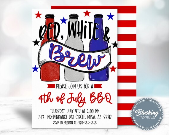 4th of July Invitation, Red White and Brew BBQ Invite, Block Party Flyer, Patriotic Stars and Stripes, Editable  Template, Printable
