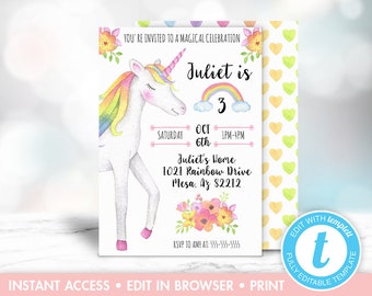 May include: A printable invitation for a unicorn-themed birthday party. The invitation features a watercolour illustration of a unicorn with a rainbow mane and tail. The text on the invitation reads "You're invited to a magical celebration Juliet is 3 Saturday Oct 6th 1PM-4PM Juliet's Home 1021 Rainbow Drive Mesa, Az 82212 RSVP to Amy at: 555-555-5555".