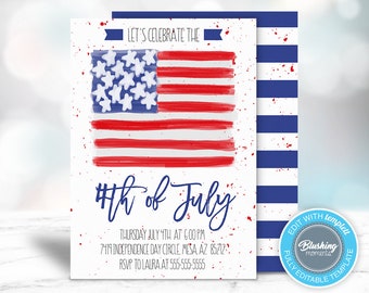 4th of July Invitations, Fourth of July Birthday Invitation, Summer Invites, American Flag, Patriotic Invites, Editable Template, Printable