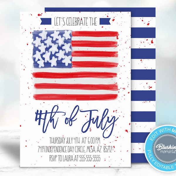 4th of July Invitations, Fourth of July Birthday Invitation, Summer Invites, American Flag, Patriotic Invites, Editable Template, Printable