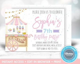 Ice Cream Birthday Party Invitation, Ice Cream Party Invite, Ice Cream Social, Ice Cream Theme, Printable, Editable, Instant Download
