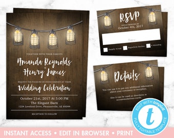 Rustic Wood Wedding Invitation Template Set, Country Wedding Invitation Suite, Printable, Instant Download, Editable,Lights, Templett