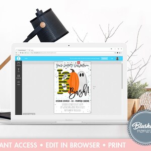 May include: Editable Halloween party invitation template with a ghost and pumpkin graphic. The text says "You're Invited to Our Halloween Bash!" and includes details for a costume contest, date, time, and location.