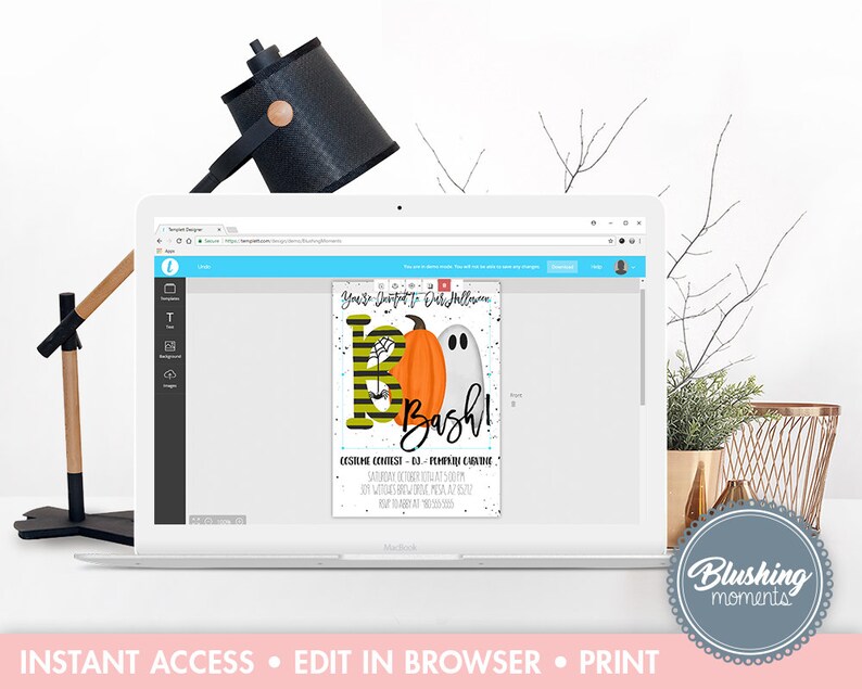 May include: Editable Halloween party invitation template with a ghost and pumpkin graphic. The text says "You're Invited to Our Halloween Bash!" and includes details for a costume contest, date, time, and location.