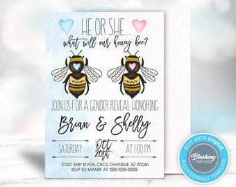 EDITIERBARE Biene Gender Reveal Einladung, was wird Baby Biene, blau oder rosa Geschlecht offenbaren, er oder sie einladen, Junge oder Mädchen Einladung, printable