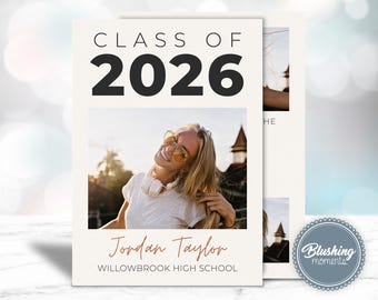 Convite de formatura moderno e anúncio de festa – Tons neutros e quentes – Modelo para a turma de 2026 – Imprimível e editável