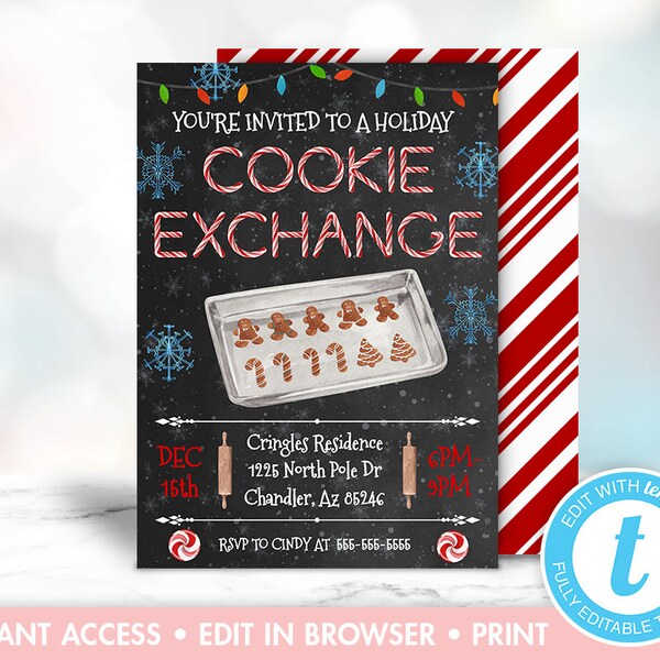 Christmas Cookie Exchange Invitation Printable, Christmas Party Invitations, Cookie Exchange Party, Instant Download, Editable, Templett