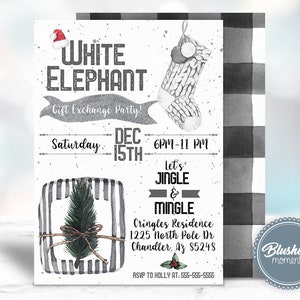May include: A white and gray Christmas party invitation with a white elephant theme. The invitation features a white stocking with a pom-pom on top, a wrapped gift with a pine branch, and the text "White Elephant Gift Exchange Party!"  Saturday, Dec 15th, 6pm-11pm. Let's Jingle & Mingle. Cringles Residence, 1225 North Pole Dr, Chandler, AZ 85248. RSVP to Holly at: 555-555-5555.