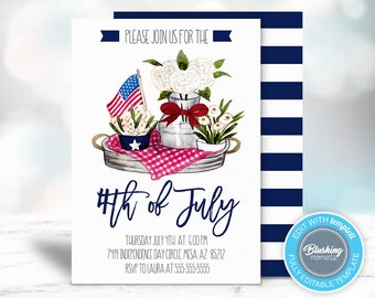 May include: An invitation to a 4th of July party featuring a watercolour illustration of an American flag in red, white and blue, white flowers and a red gingham tablecloth. The text reads "Please join us for the 4th of July" and includes the date, time and location of the party.