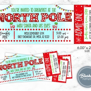 EDITABLE Breakfast at the North Pole Christmas Tickets, Breakfast with Santa Invitation, Kids Christmas Party, Christmas Ticket Invitation image 1