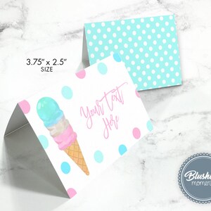 May include: A white card with a pink, blue, and white ice cream cone illustration. The card has pink and blue polka dots and the text "Your Text Here" in pink. The card measures 3.75 inches by 2.5 inches.