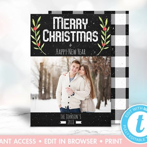 EDITIERBARE Frohe Weihnachten Fotokarten, druckbare Weihnachtskarte, karierte rustikale Familienfotokarte, sofortiger Download, Blushing Moments