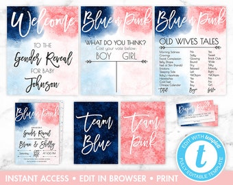 Gender Reveal Decorations Set, Gender Reveal Invitation Set, Welcome Sign, Gender Reveal Signs, Blue or Pink, He or She Invite, Editable