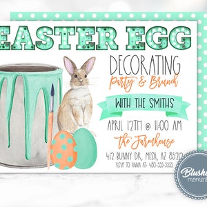 May include: An invitation to an Easter egg decorating party and brunch with the Smiths. The invitation features a watercolor illustration of a paint can, paintbrush, bunny, and Easter eggs. The text reads "Easter Egg Decorating Party & Brunch with the Smiths, April 12th @ 11:00 AM, The Farmhouse, 412 Bunny Dr, Mesa, AZ 85212, RSVP to Anna at: 480-555-5555".