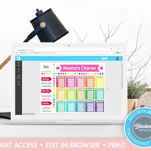 Puede incluir: Una pantalla de ordenador que muestra una plantilla de tabla de tareas imprimibles y coloridas para ni&ntilde;os. La plantilla se titula "Las tareas de Hanna" e incluye secciones para las tareas de la ma&ntilde;ana, la tarde y la noche. La plantilla es editable y se puede imprimir.