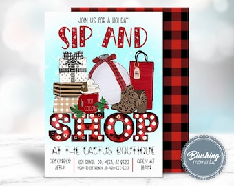 May include: A red and white plaid invitation for a holiday "Sip and Shop" event at the Cactus Boutique. The invitation features a festive illustration of gifts, a mug of hot cocoa, and a pair of boots. The event is scheduled for December 28th at 10 AM. RSVP to Elf Wendy at 400-555-5555.