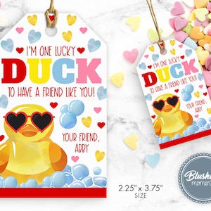 Etiquetas del día de San Valentín del pato de la suerte, San Valentín imprimible, maestro de escuela en el aula, favor de fiesta del pato de goma, etiqueta de regalo editable con acceso instantáneo