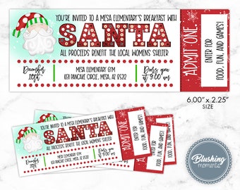 May include: Christmas-themed ticket with a Santa Claus illustration and the text "SANTA". The ticket is red and white, with the dimensions of 6.00" x 2.25". It invites guests to a Mesa Elementary's breakfast.