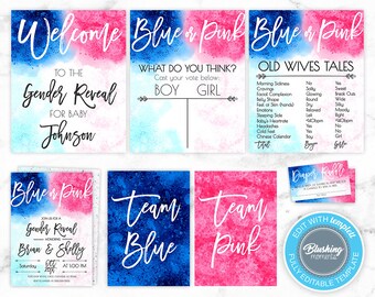Gender Reveal Decorations Set, Gender Reveal Invitation Set, Welcome Sign, Gender Reveal Signs, Blue or Pink, He or She Invite, Editable