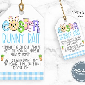 Könnte beinhalten: Ein druckbarer Oster-Hasenköder-Anhänger mit einem bunten Hasen und dem Text "Easter Bunny Bait". Der Anhänger weist darauf hin, den Köder nachts auf den Rasen zu streuen, damit der Osterhase ihn findet. Der Anhänger misst 5,7 cm x 9,5 cm.