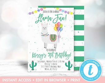 Llama Birthday Invitation, Llama Party Invitations, Printable Llama Invites, Llama Party Theme, Editable, Instant Download, Templett