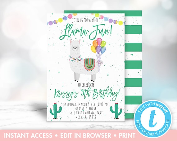 Llama Birthday Invitation Llama Party Invitations Printable | Etsy