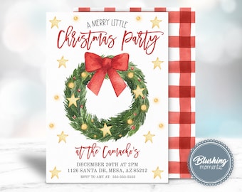 CHRISTMAS PARTY INVITATION- Holiday Party Invite-Merry Little Christmas Wreath-Buffalo Plaid-Editable & Printable Template-Blushing Moments