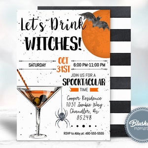 K&ouml;nnte beinhalten: Halloween-Partyeinladung mit einer schwarzen Fledermaus, die &uuml;ber einem orangefarbenen Mond fliegt. Der Text lautet "Let's Drink Witches!" mit Datum und Uhrzeit der Party. Die Einladung enth&auml;lt auch ein Martini-Glas mit einer Olive und einer Spinne.